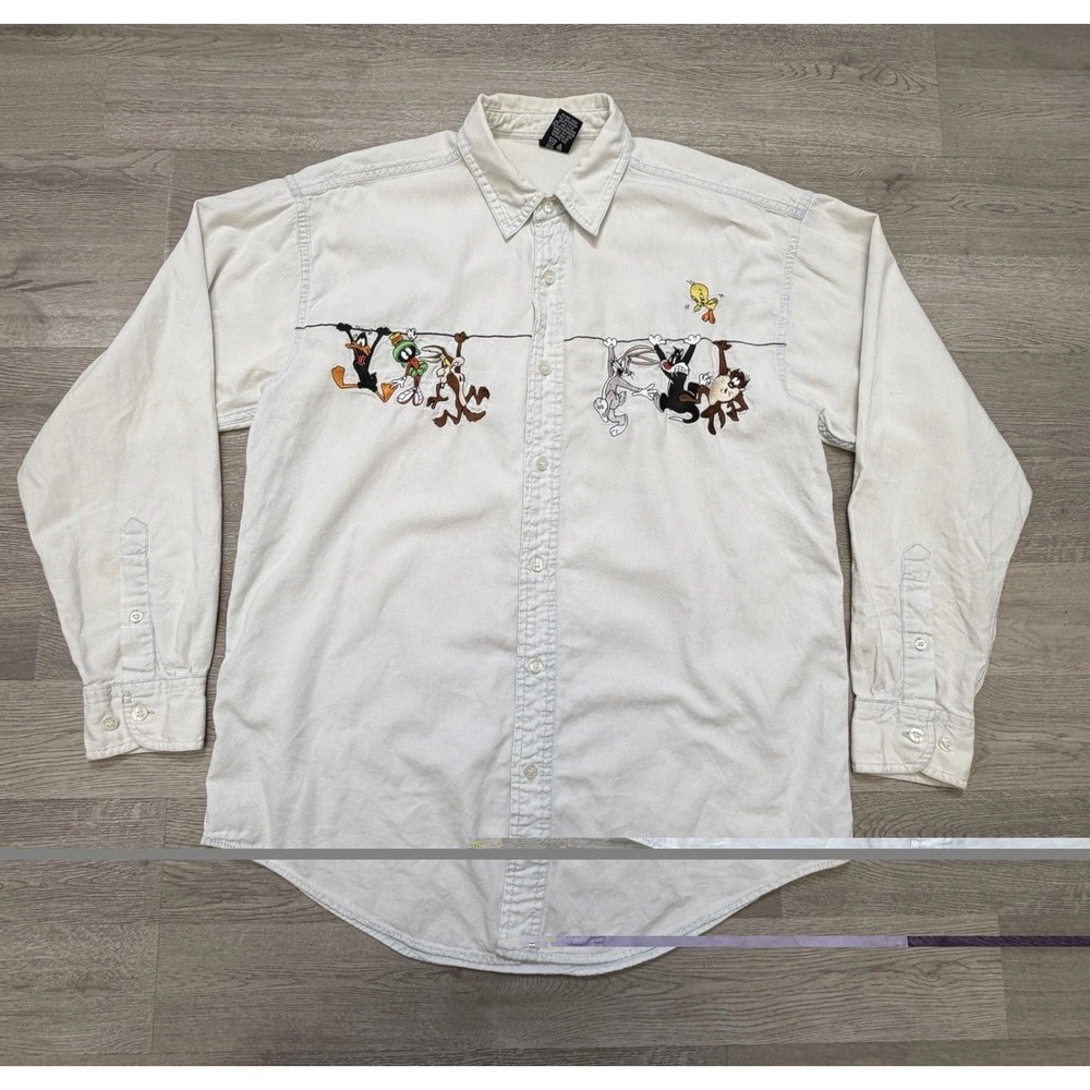 Vintage 90s Looney Tunes Denim Button Down Shirt Mens M Warner Bros Long Sleeve